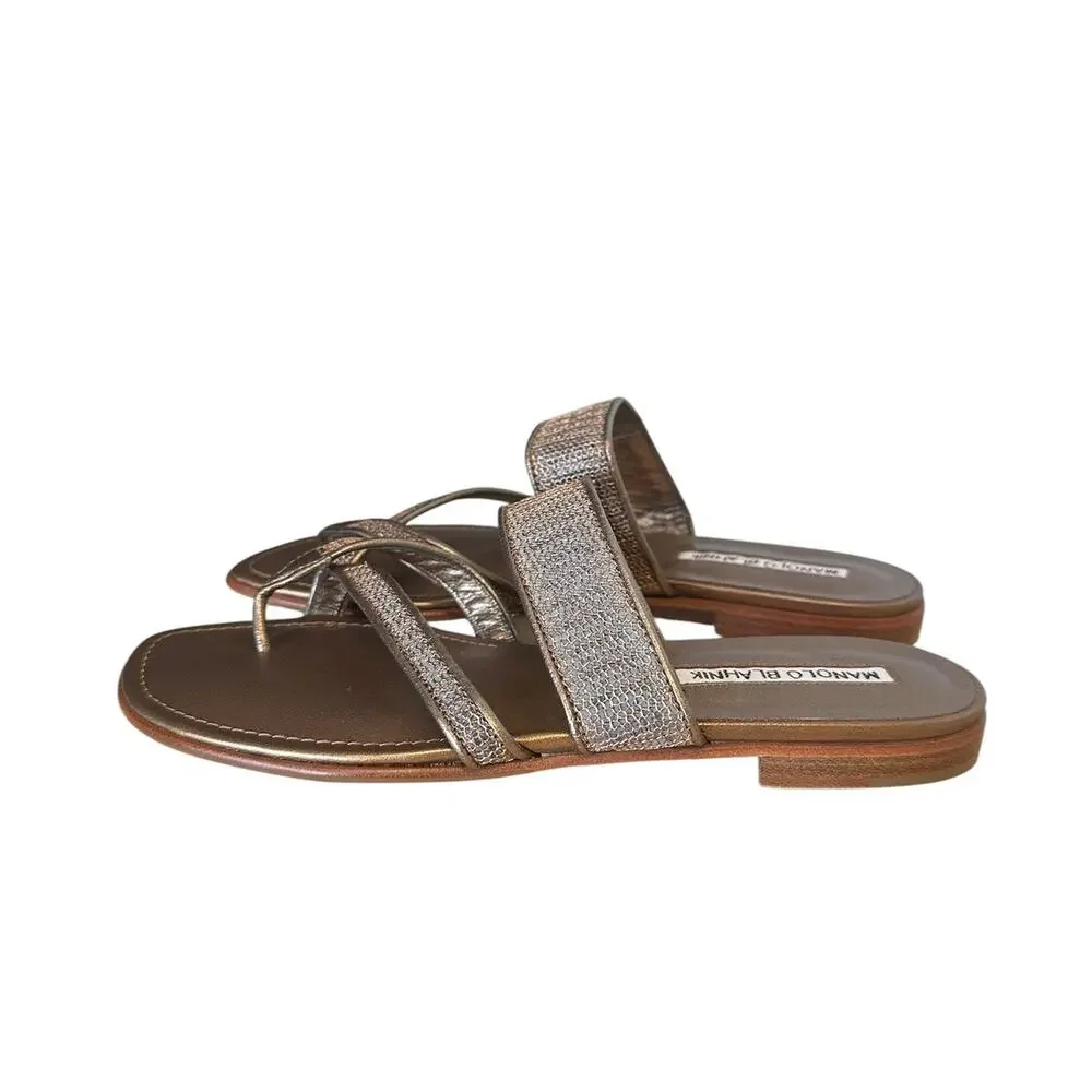 Manolo Blahnik Metallic Bronze Leather Mesh Toe Ring Flat Sandals Size 36